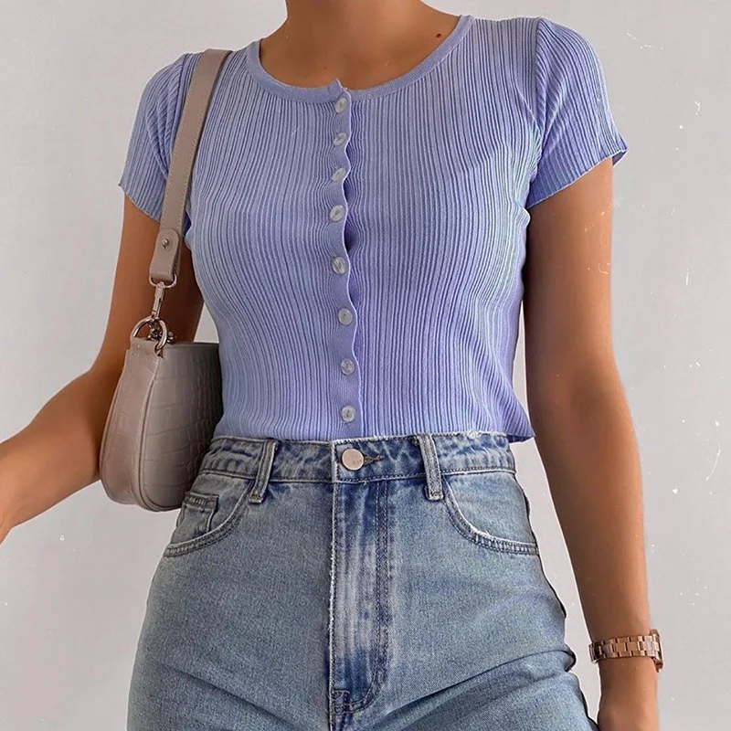 

23099 Solid Navel Button Cardigan Top 2021 Summer New Fashion Round Neck Short Sleeve T-shirt Women