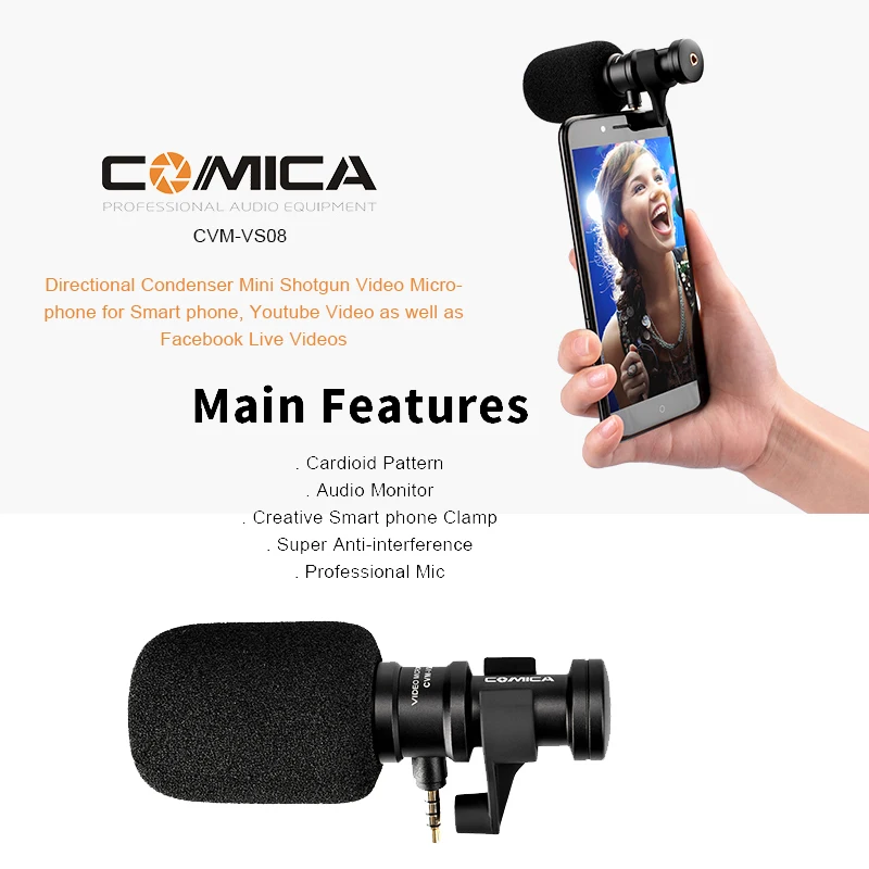 Светодиодный микрофон Comica видеомикрофон для смартфонов iPhone Samsung с защитой от