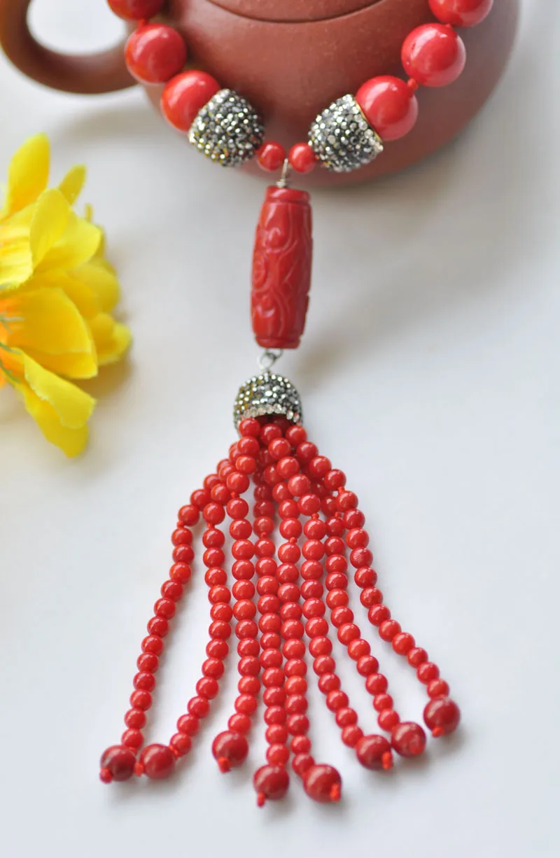 

S2418 19" 12mm Red Round Coral CZ Necklace Pendant Tassels