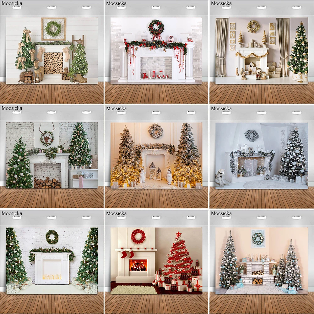 

MOCSICKA Christmas Photography Background Christmas Tree Socks Vintage Brick Wall Fireplace Backdrop Decor Photo Studio