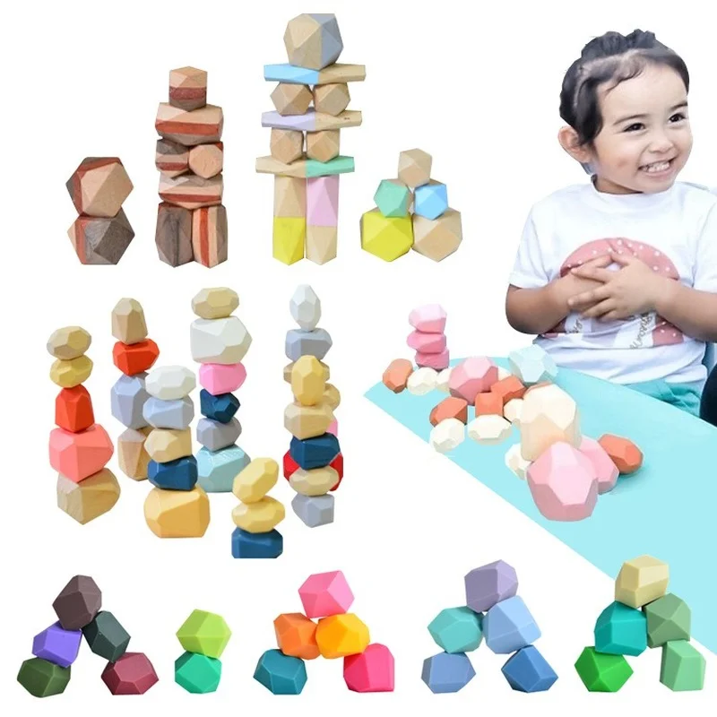 Baby Toy Wooden Colored Stone Jenga Building Blocks Educational Toy Creative Nordic Style Stacking Game Rainbow Wooden Toy Gift