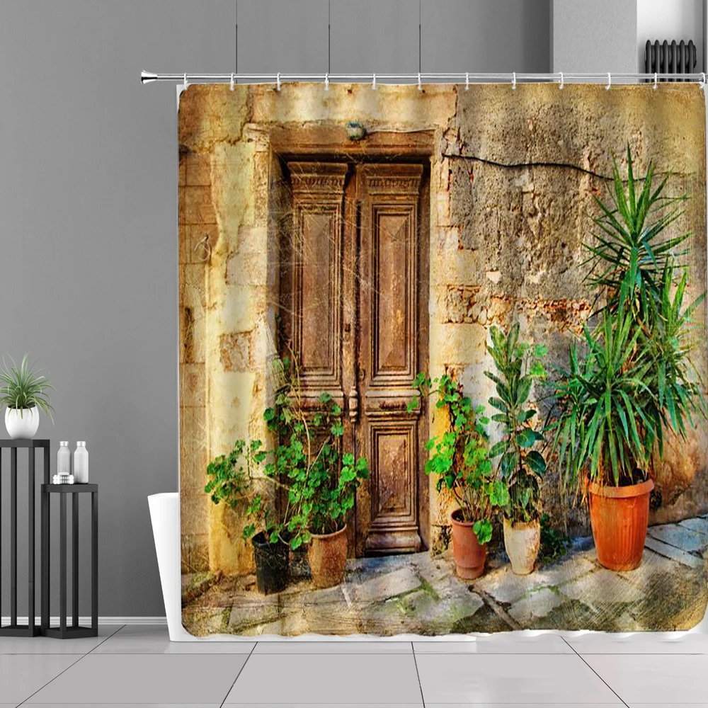 

Retro Doors Old House Architecture Shower Curtains Western Town Folk Vintage Scenery Hanging Curtain Waterproof Bathroom Decor