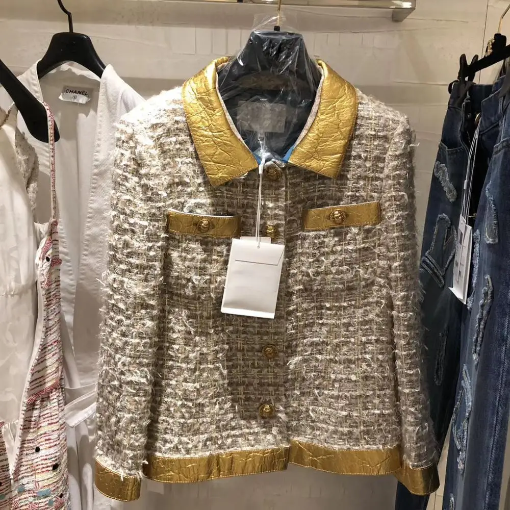 Египетская коллекция роскошный твидовый пиджак с золотым кожаным воротником