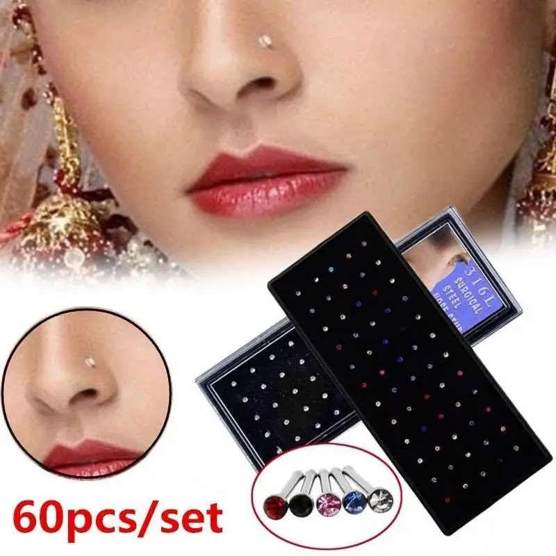

60 pieces/pack Stainless Steel Crystal Nose Ring Set Womens Girl Surgical Steel Nose Piercing Crystal Nose Stud Lot Body Jewelry