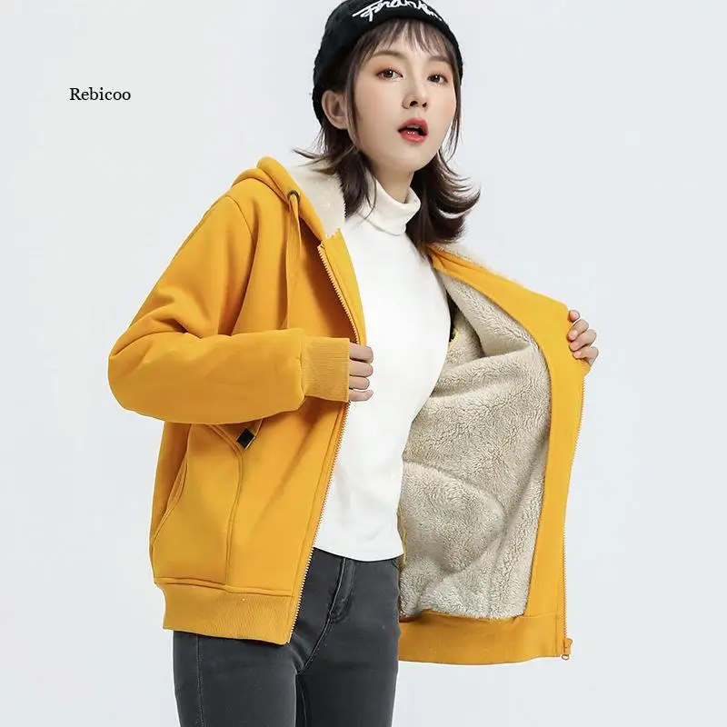 

2021 Korean Winter Zipper Cardigan Sweater Women Thick Hong Kong Lamb Wool Hooded Student Warm Jacket