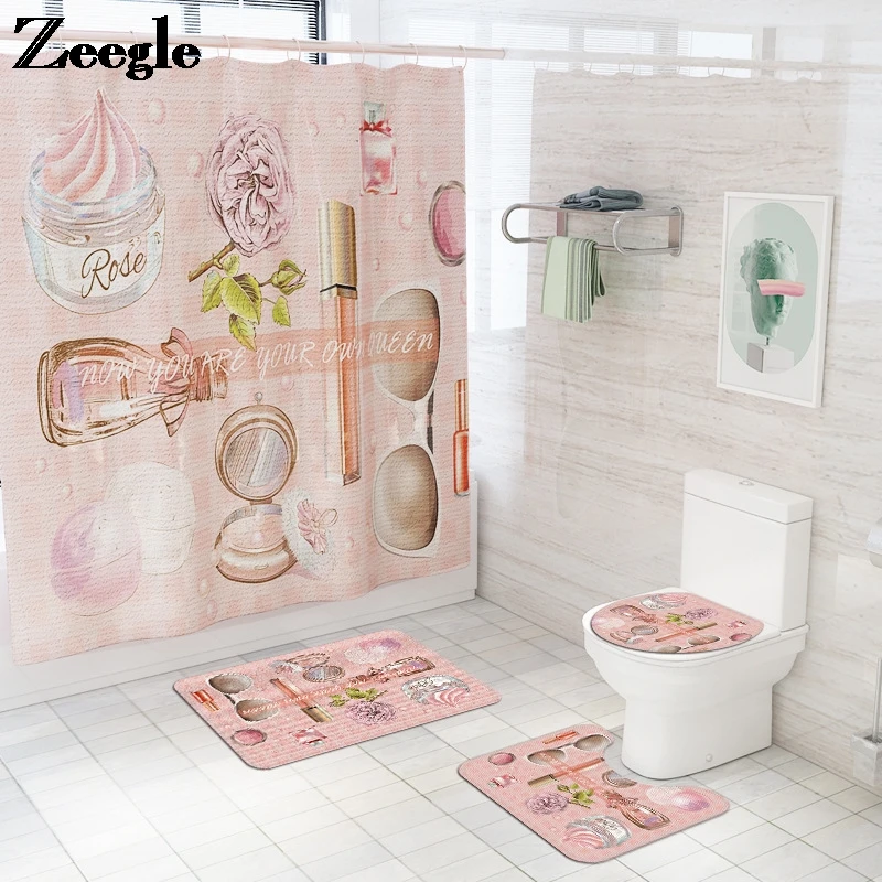 

Modern Style Bath Mat And Shower Curtain Set Microfiber Bathroom Floor Mat Non-Slip Toilet Seat Cover Mat Foot Mat Set