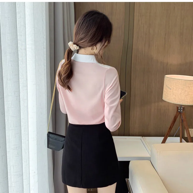 

Pink Blue Color Block Stitching Fashion Korean Long Sleeve Shirt and Tops Spring Autumn Office Lady Work Casual Blouse