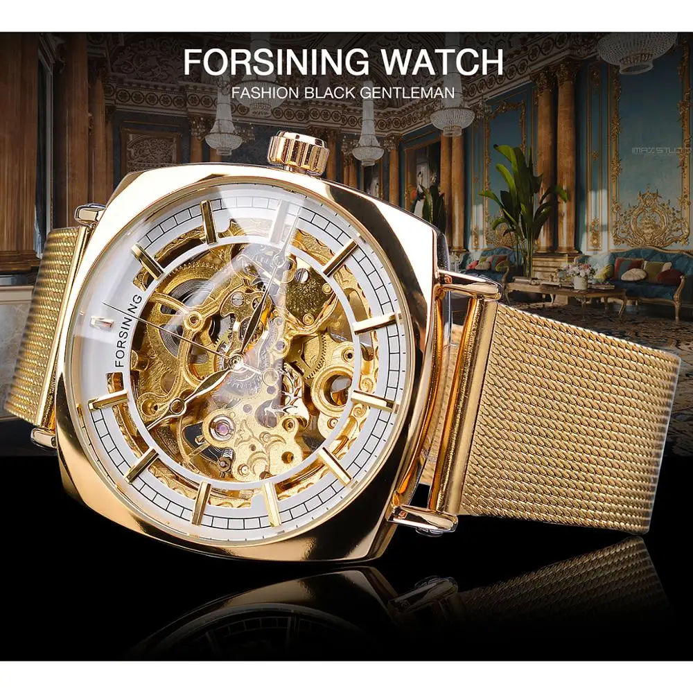 Forsining Golden Square Men Mechanical Watch Business Mesh Steel Belts Automatic Clock Relogio Masculino Hodinky Erkek Kol Saati | Наручные
