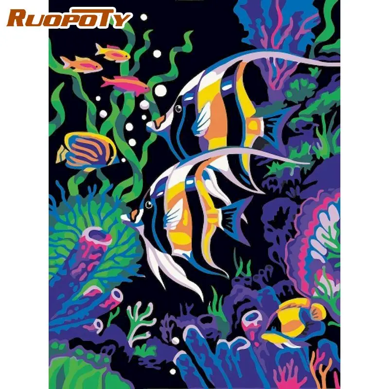 

RUOPOTY DIY Painting By Numbers Cartoon Fish Oil Painting HandPainted Home Decor Gift Canvas Drawing