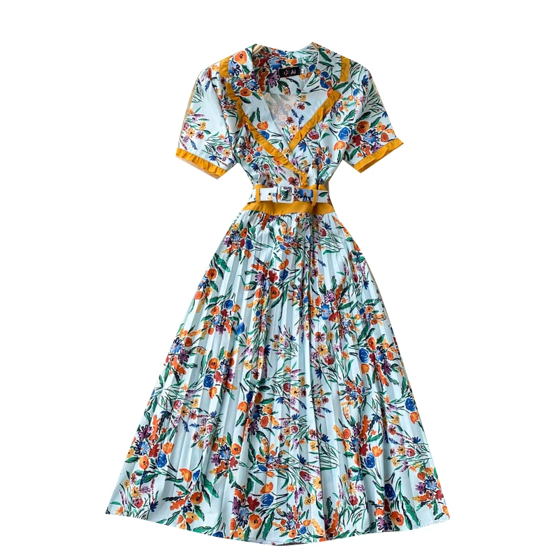 

Summer New Style Sweet Wood Ear Vestidos Female Contrast Color Stitching Temperament Suit Collar Slim Pleated Midi Dress DK1305