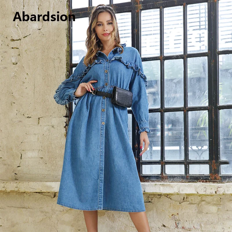 Abardsion осенне зимнее джинсовое платье для женщин 2019 синие джинсы Midi рубашка Мода