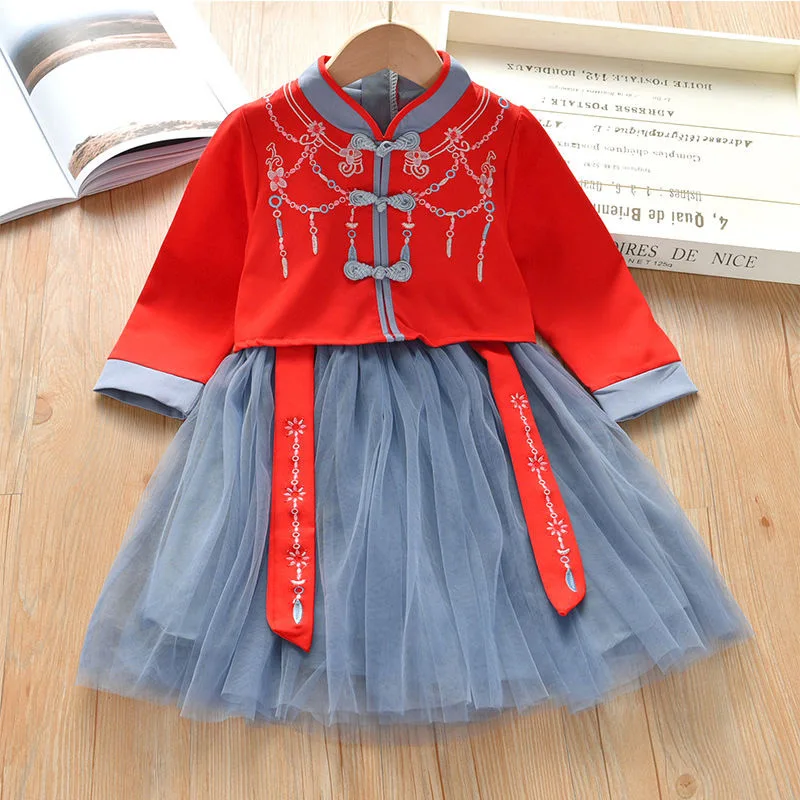 Новое Кружевное платье принцессы Hanfu с цветочной вышивкой для девочек