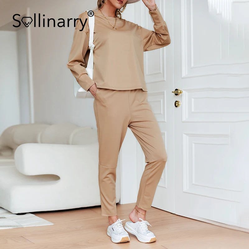 

Sollinary Casual elastic waist sweatshirt women Solid loose tracksuits female Long sleeve O-neck 2 pieces matching pants sets