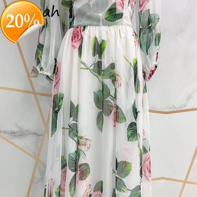 

Women Summer Fashion Designer Party A-Line Dress Bow Lantern Shell Rose Floral Printing High Tail Printing Chiffon