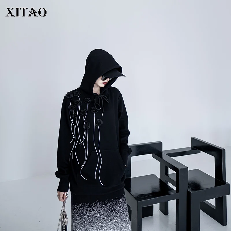 

XITAO New Women Sweatshirt Fashion Three-dimensional Mesh Flowers Simplicity Decorate 2021 Winter New Loose All-match LDS0075