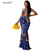 women gold chain print halter neck crop tops bodycon midi pencil maxi skirt suit two piece set sexy club night party dress 2021