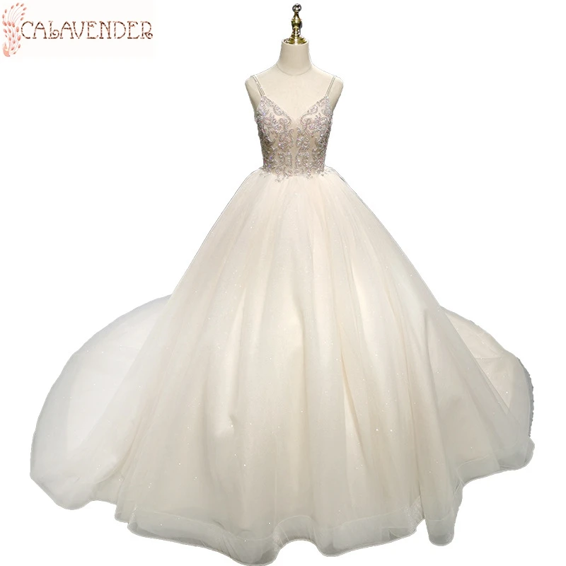 

V-Neck Ball Gown Wedding Dresses 2020 Major Beaded Robe De Mariage Sleeveless White Bridal Dresses