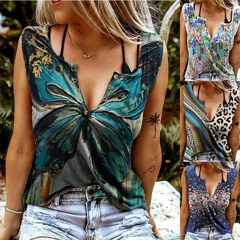 

2021 Summer New Vest Top Women's Sexy V Neck Sleeveless T Shirt Printing Short-sleeved Shirt Fashionable Sexy Plus Size Clothing