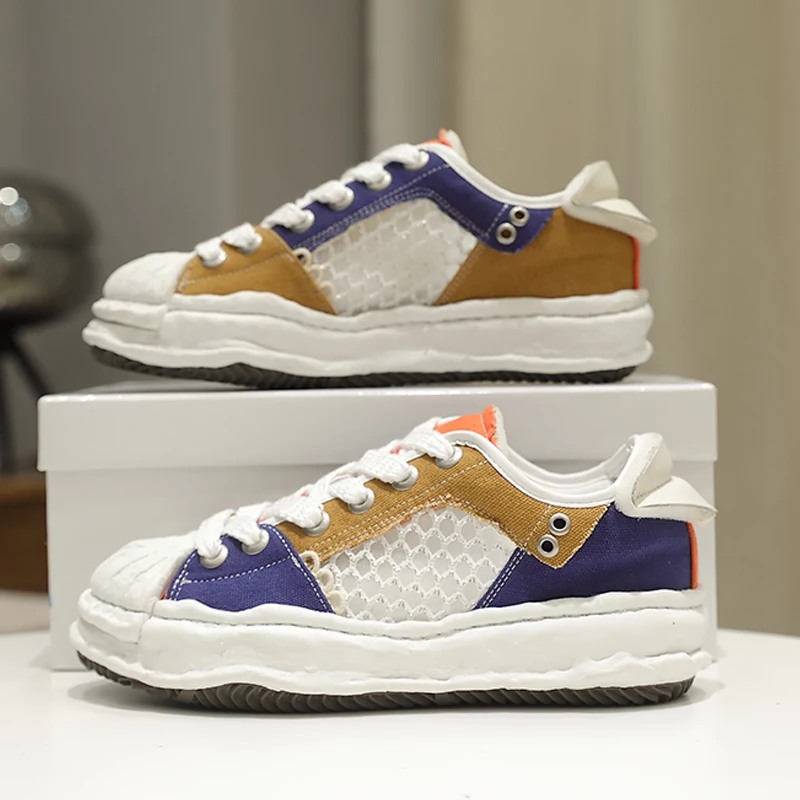 

women casual shoes mmy Mesh leather Mid Heel Round Toe Cross-tied mixed colors Shell head Breathable unique daily canvas shoes