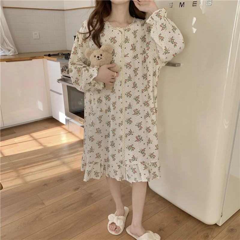 

100% cotton loose nightgown women single breasted cardigans dress home clothes long sleeve lacework floral print nightdress L648