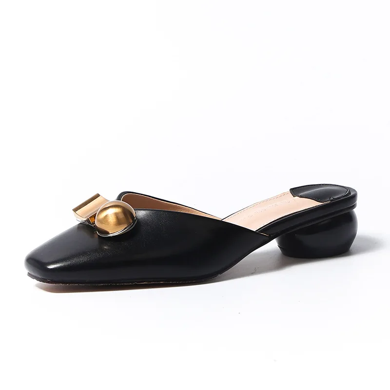 

Closed-Toe Slippers Women's Summer Slippers Comfortable Semi-High Heeled Square Head Soft Leather Semi-Slippers Ladies Slippers