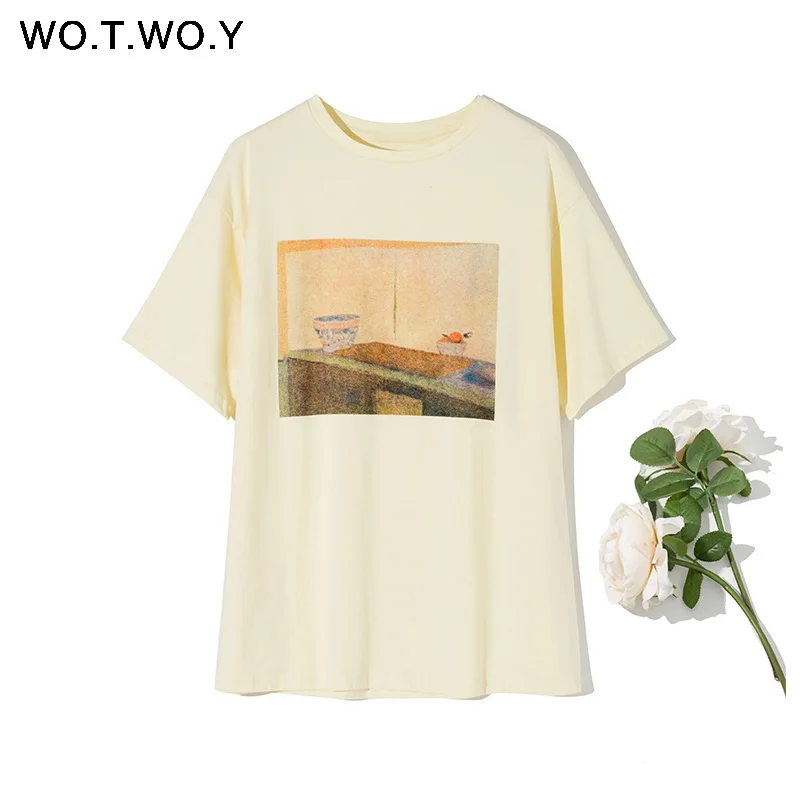Женская Винтажная Футболка с принтом WOTWOY летняя свободная Базовая футболка