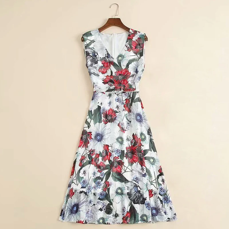 QUALITY New HIGH Stylish Fashion 2021 Designer Runway Dress Women's V-Neck sleeveless vintage Floral Print Dress