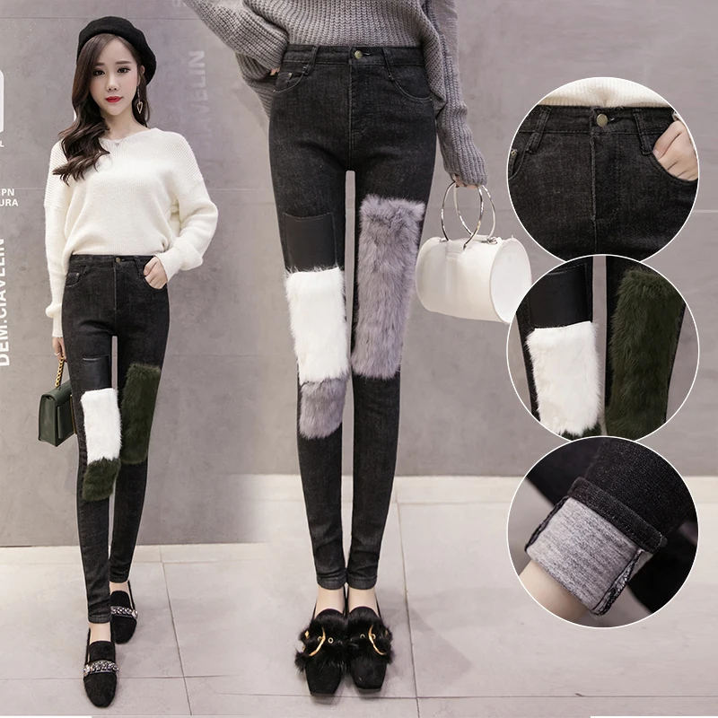 Корейские Вельветовые женские джинсы 2019 с кроличьей шерстью высокой талией