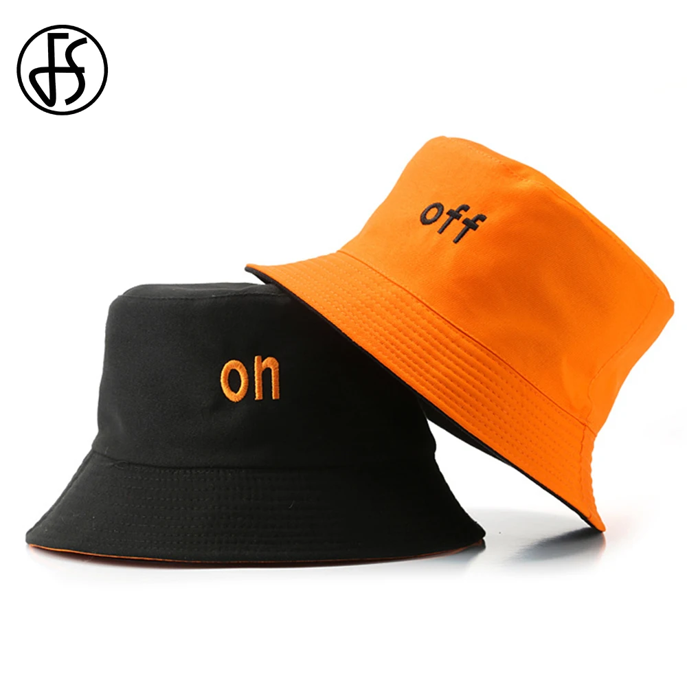 

FS Orange Double-sided Bucket Hats For Men Women Cotton Letter Streetwear Hip Hop Panama Cap Sunscreen Fisherman Hat Bob Homme