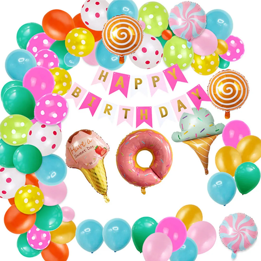 

Sweet Birthday Party Balloons Decoration Happy Birthday Banner Candy Color Ice Cream Doughnut Foil Balloon Arch Garland