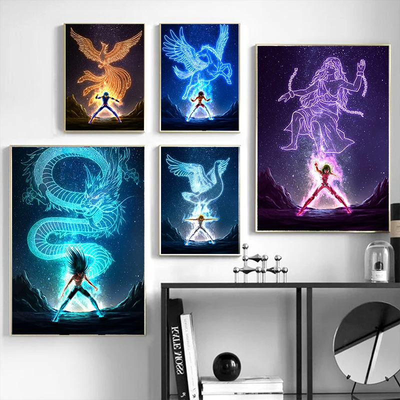 Anime Saint Seiya Poster Dragon power Andromeda Pegasus Neon Wall Art Home Decoration Kawaii Room Decor Canvas | Дом и сад