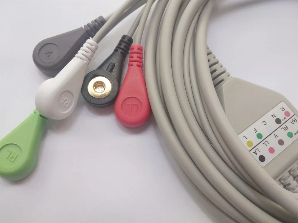 Один шт. 6-контактный 5-проводной универсальный кабель AAMI ECG защелкивающиеся концы