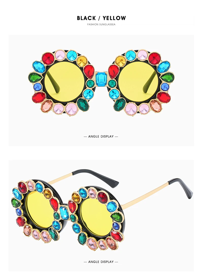 FU E Gorgeous Women Sunglasses Crystal Diamond Handmade Round Eyewear UV400 Mirror Lens Flower Design Summer Sun Glasses