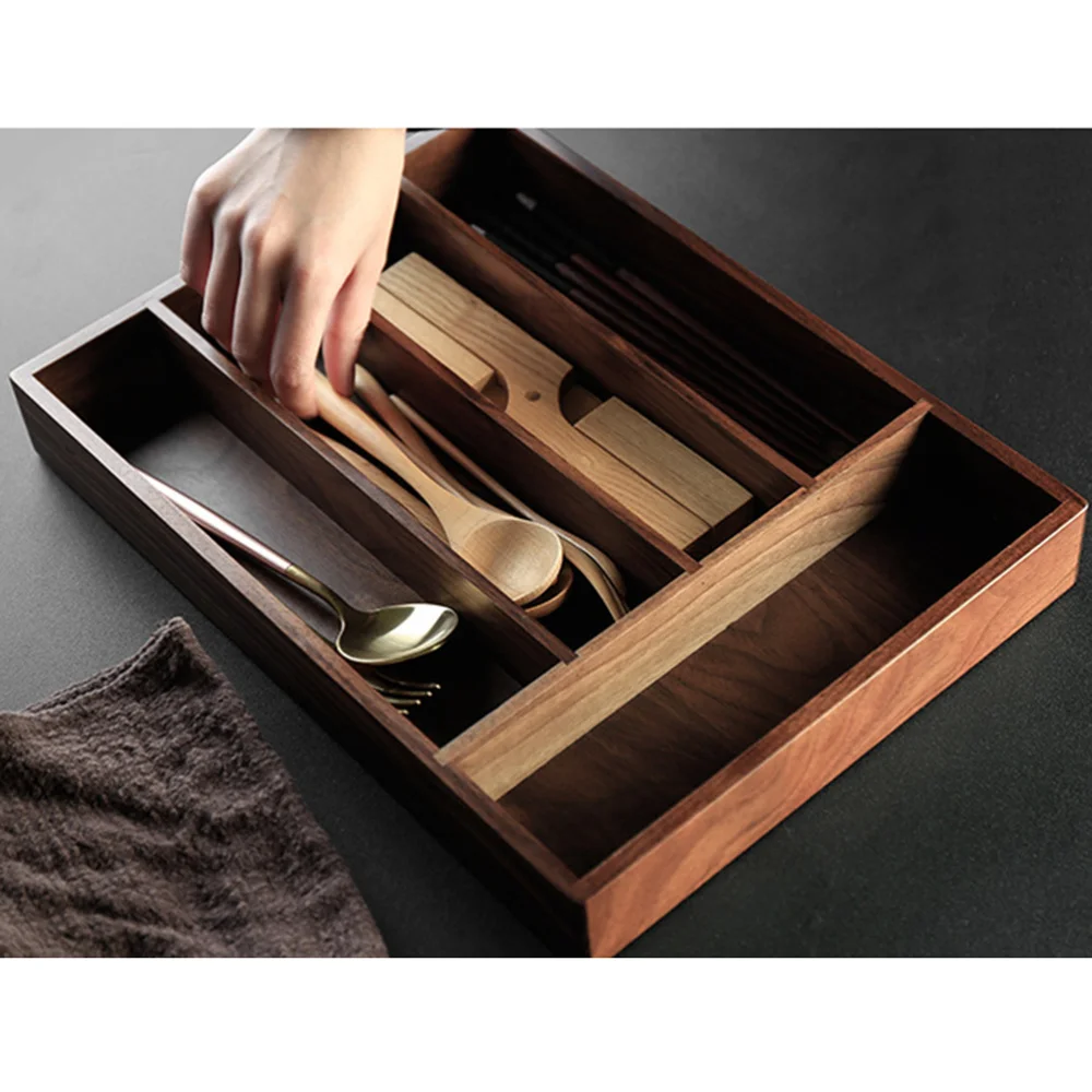 

Black Walnut Western-style Drawer Type Cutlery Storage Box Desktop Wood Storage Tray Tableware Organizer - 35.8x26x4.6cm (