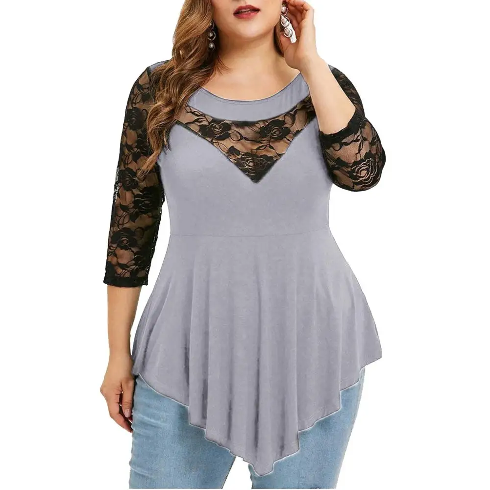 

Plus Size Summer Fashion Lace Blouse Casual Ladies Sexy Solid Irregular Tee Tops Female Women's 3/4 Sleeve Shirt Blusas Pullover