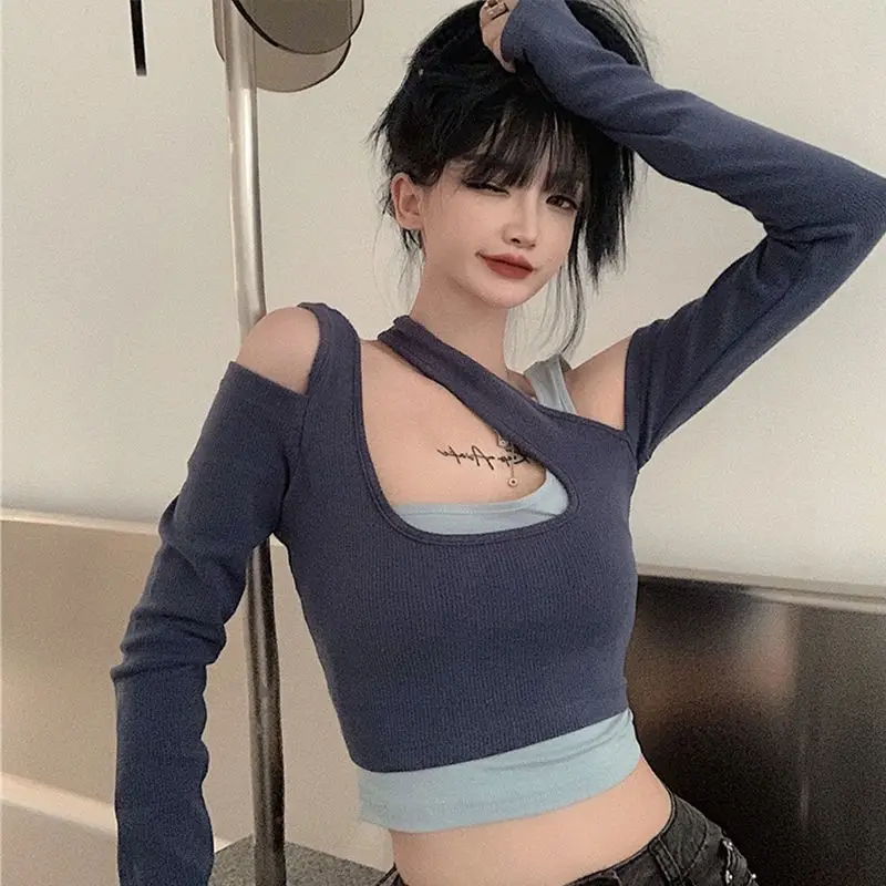 

Фальш-вставкой; Футболки черного цвета; Осенняя женская обувь Дизайнерские пикантные туфли с открытыми плечами Длинные рукава нижняя рубаш...