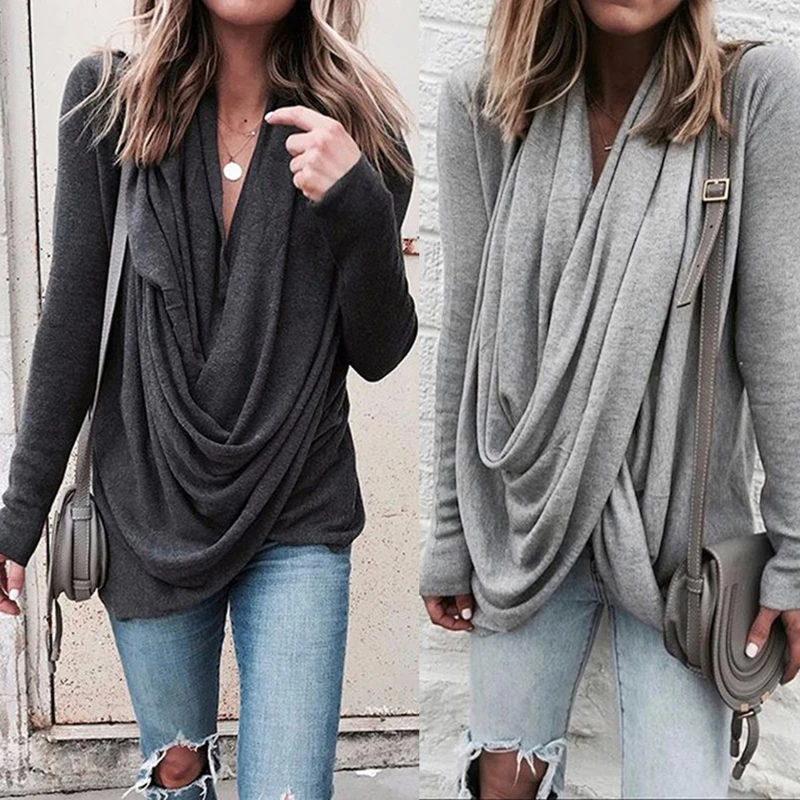 

Женский пикантный Повседневный Свободный Топ с глубоким V-образным вырезом и длинным рукавом, плиссированная рубашка с запахом, туника, осе...