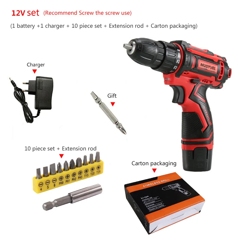 12V set 1 battery Cordless Drill 12V 16.8V 24V Optional 3/8 inch 2 speed Power Tools Flexible shaft Screwdriver Dremel Rechargeable - Цвет: 12V set 1 battery