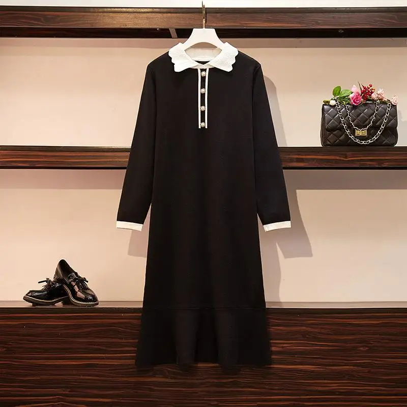 Large Size Autumn Winter Knitted Dress Women 4XL Plus Casual Black Buttons Sweater Big Office Work | Женская одежда