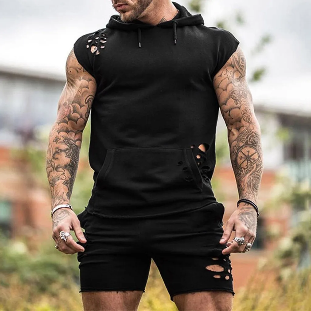 Новые летние мужские комплекты с дырками брендовая толстовка капюшоном +