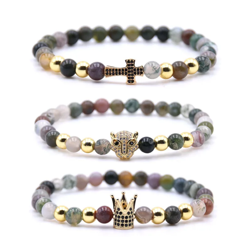 Браслет из натурального камня для мужчин Сова Череп корона крест с