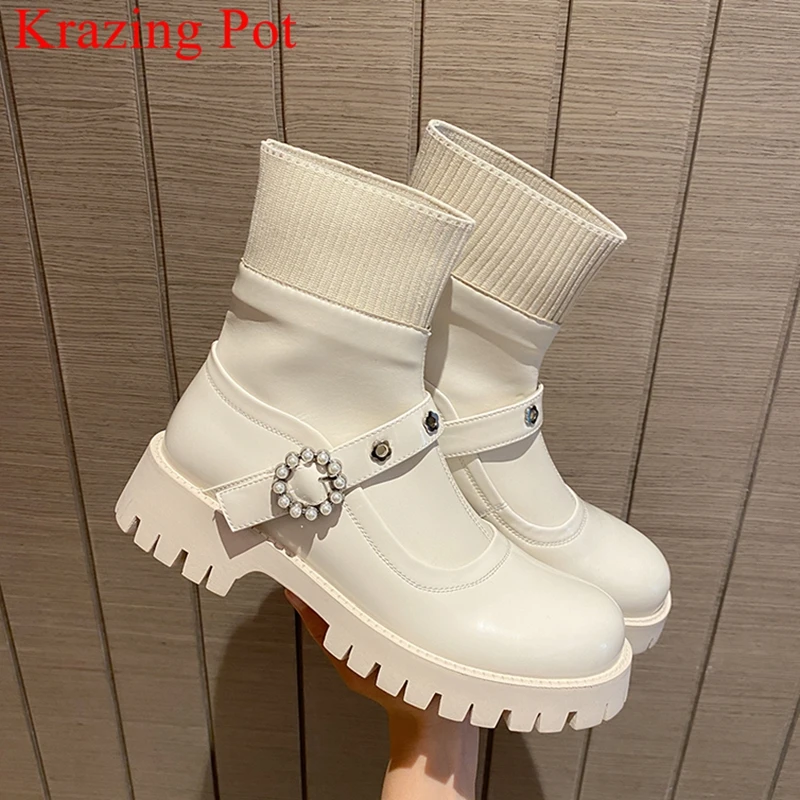 

Женские ботинки челси на среднем каблуке Lenkisen, модная зимняя обувь с жемчугом, элегантные Брендовые повседневные офисные ботильоны на плат...