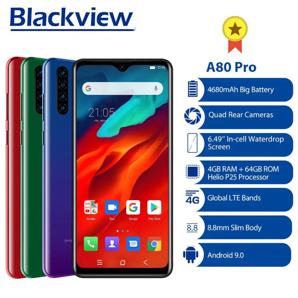 Blackview A80 Pro глобальная версия 4 Гб + 64 мобильный телефон 4680 мАч 4G Celular SmartphoneQuad задняя