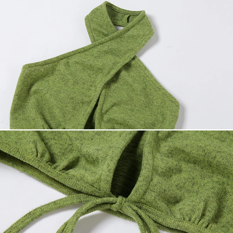 

2021 Green Bandage Halter Crop Tops for Women Sleeveless Backless Club Party Chic Wrap Cropped Top Slim Sexy Streetwear