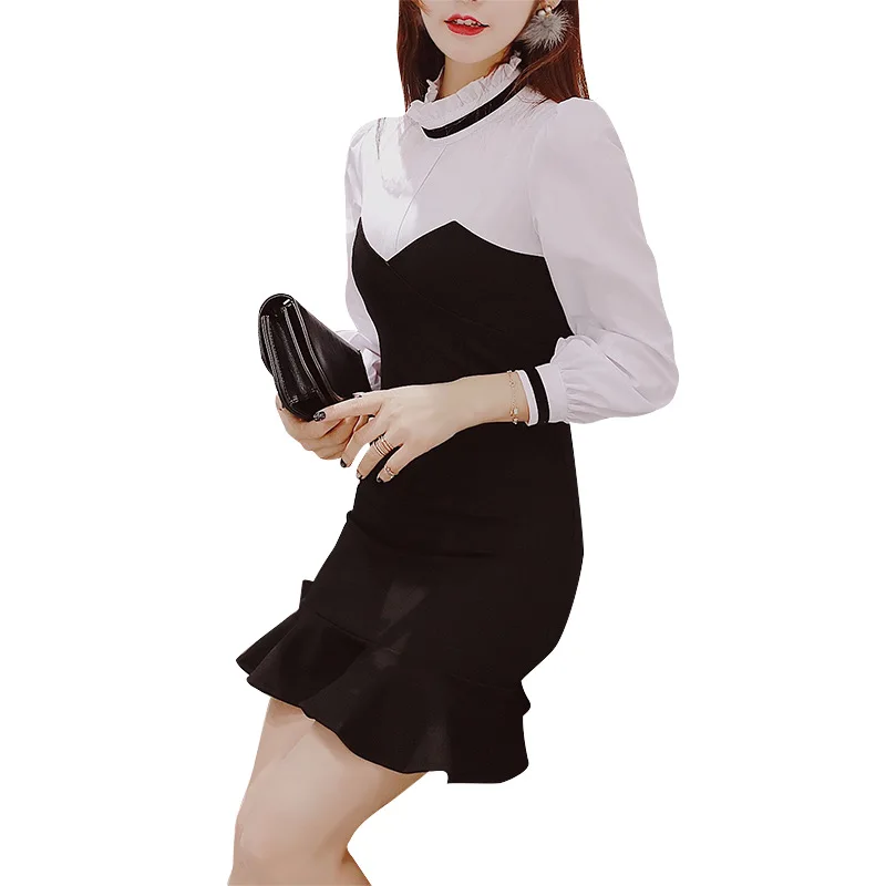 

2019 Autumn Stand Wrap Dress Women Casual Elegant Black Dresses Ladies Ropa Women Contrast Trumpet Sheath Patchwork Midi Dress
