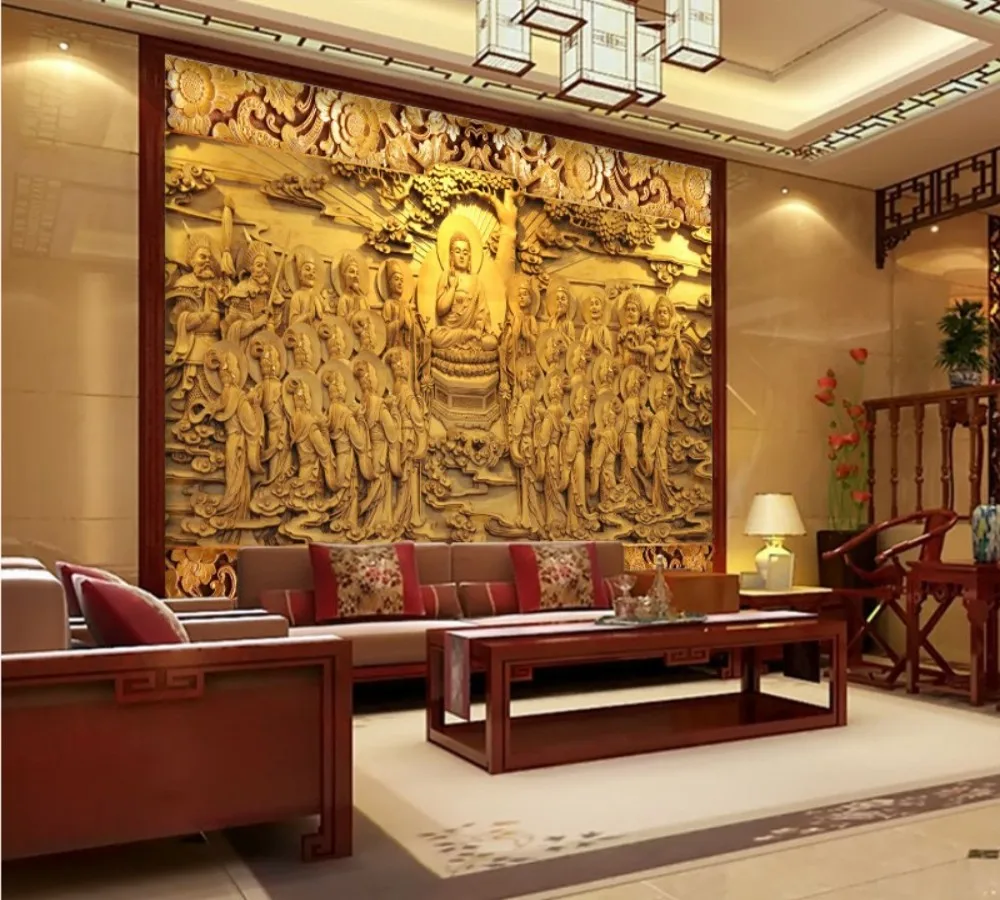 Дропшиппинг на заказ Золотая настенная бумага 3D деревянная Будда Фреска 3d фрески
