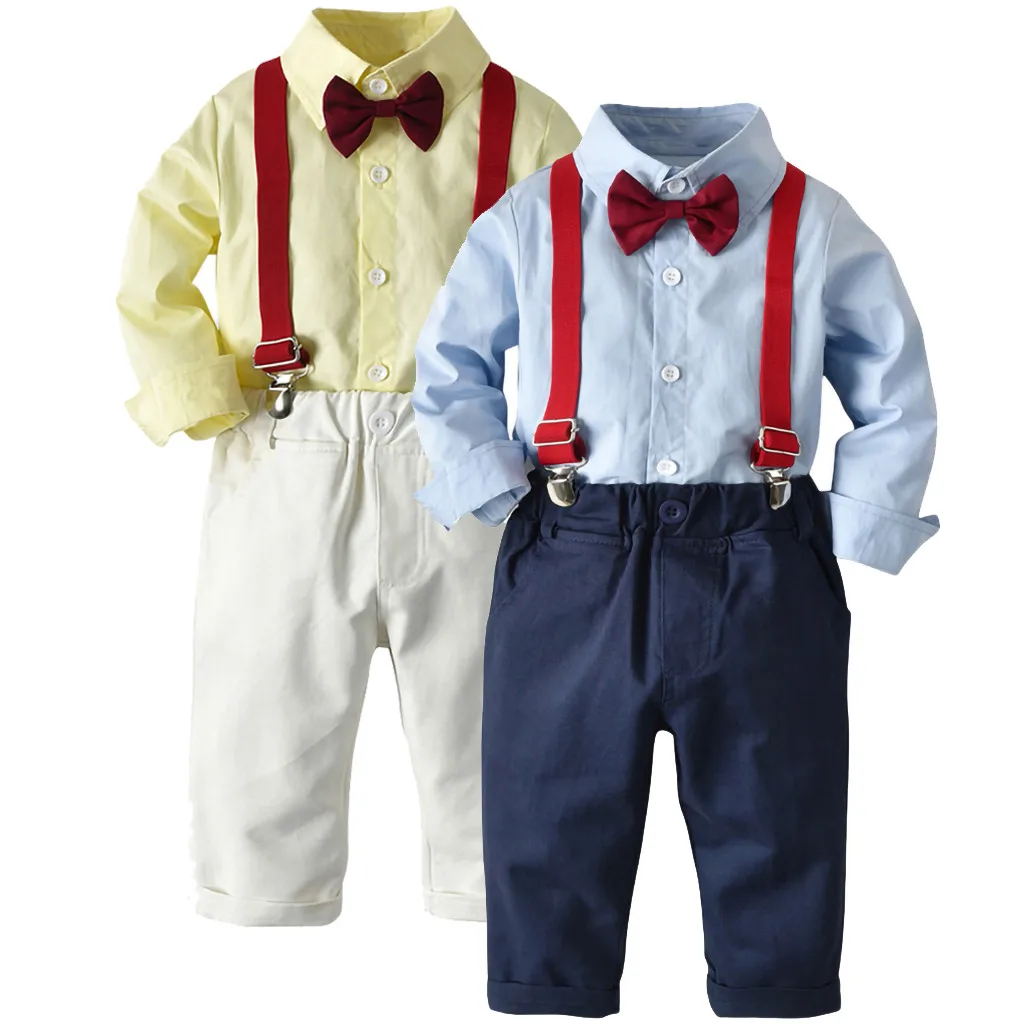 Boys Outfits Gentleman Bow Tie Striped T-Shirt Tops+Suspender Pants Y81 | Детская одежда и обувь
