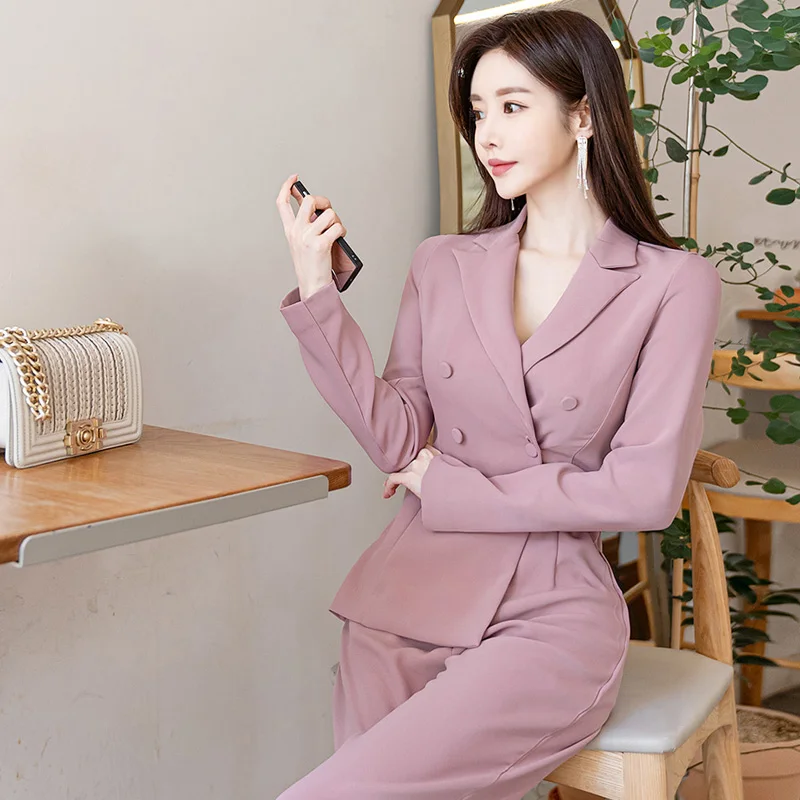 

Pink jumpsuit One piece Ladies Korea Long Sleeve double-breasted Wide Leg Long Playsuits Casual Work Wear Rompers for women