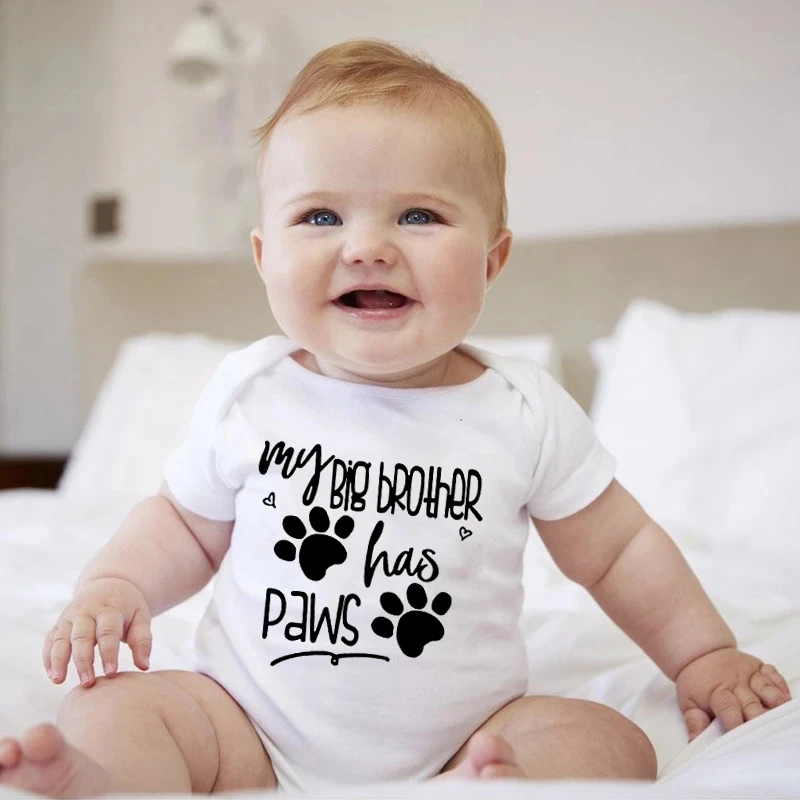 

2021 Summer Newborn Jumpsuit My Big Brother Has Paws Funny Infant Bodysuit Baby Boy Girl Kids Letter Print Playsuit Clothes