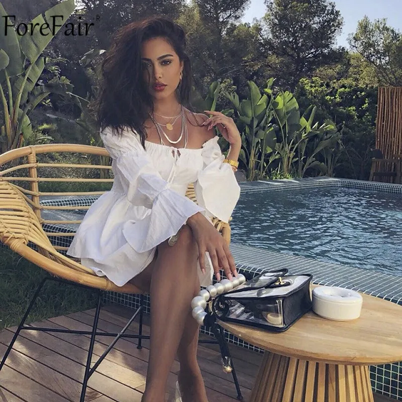 Forefair с открытыми плечами рюшами с пышными рукавами Boho Платье Белое Женское с рюшами пляжное платье без бретелек повседневное хлопковое с длинным рукавом Сарафаны